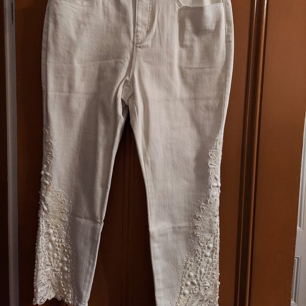 NWT Soft Surroundings White Embellished Leg 5 Pocket Style Jeans size 12 Petite